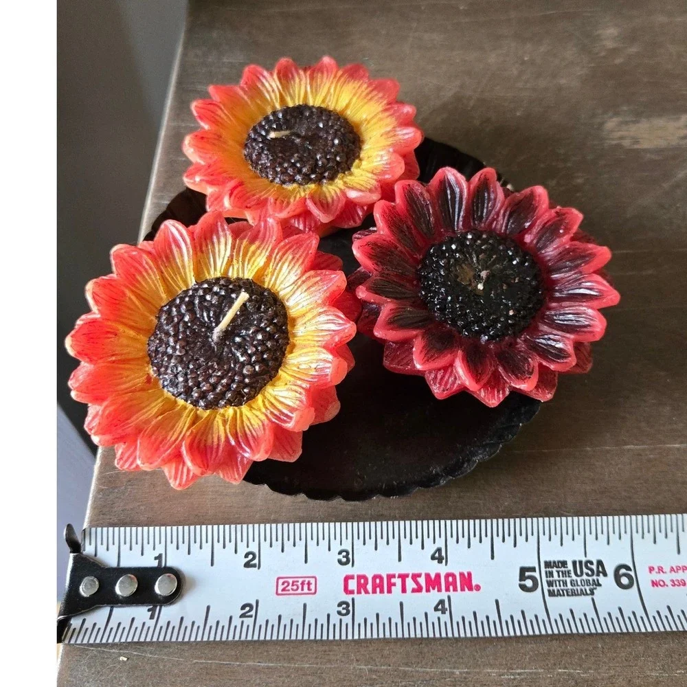 Sunflower Candle Set 3pc with Black Metal Fluted Tart Tin Tray‎ Rustic Decor